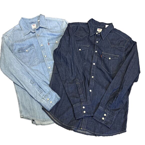 Levis Denim Pearl Snap Shirt Men's Medium Blue Long Sleeve Rancher Western - Picture 1 of 13